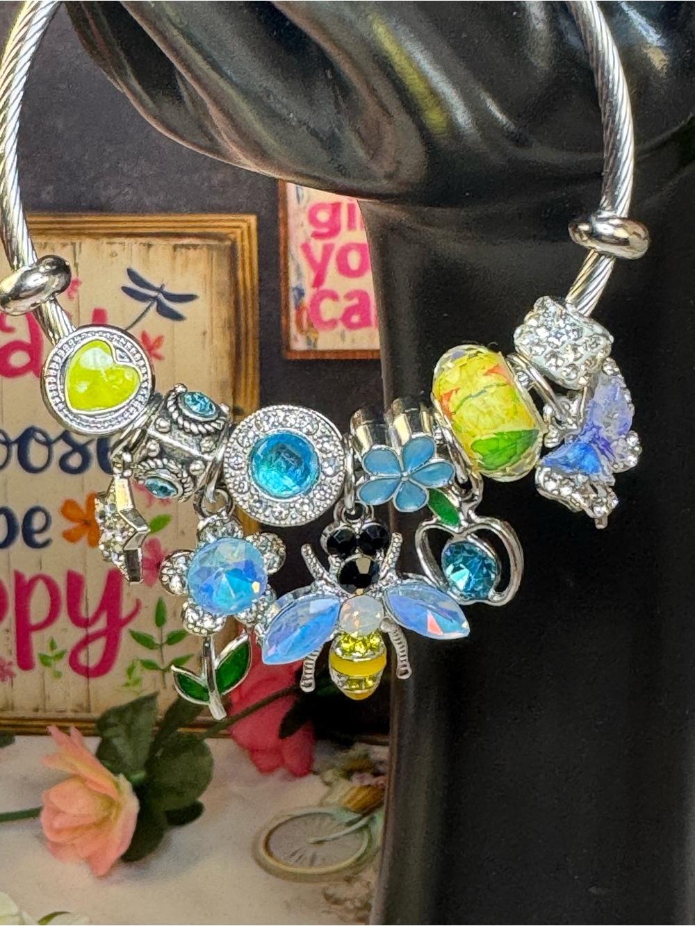 Silver Floral & Bee Charm Bracelet with Blue and Yellow Accents